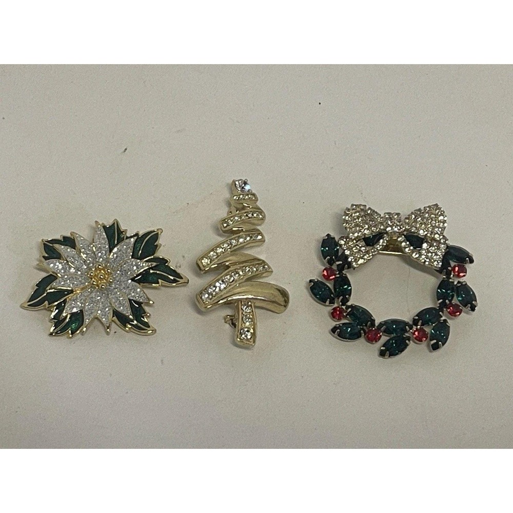 3 Lot Gold Tone Christmas Enamel & Rhinestone Brooch Pin Tree Wreath Poinsettia